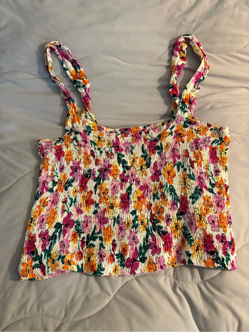 Victoriaโs Secret PINK Floral Smocked Cami Cropped Top Large Bright Vibrant